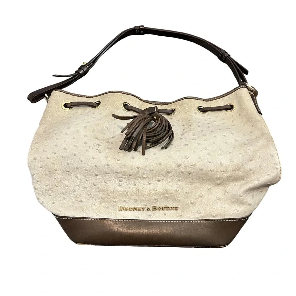 Dooney & Bourke Bucket Bag Womens Medium Cream Brown Ostrich Embossed Tassel